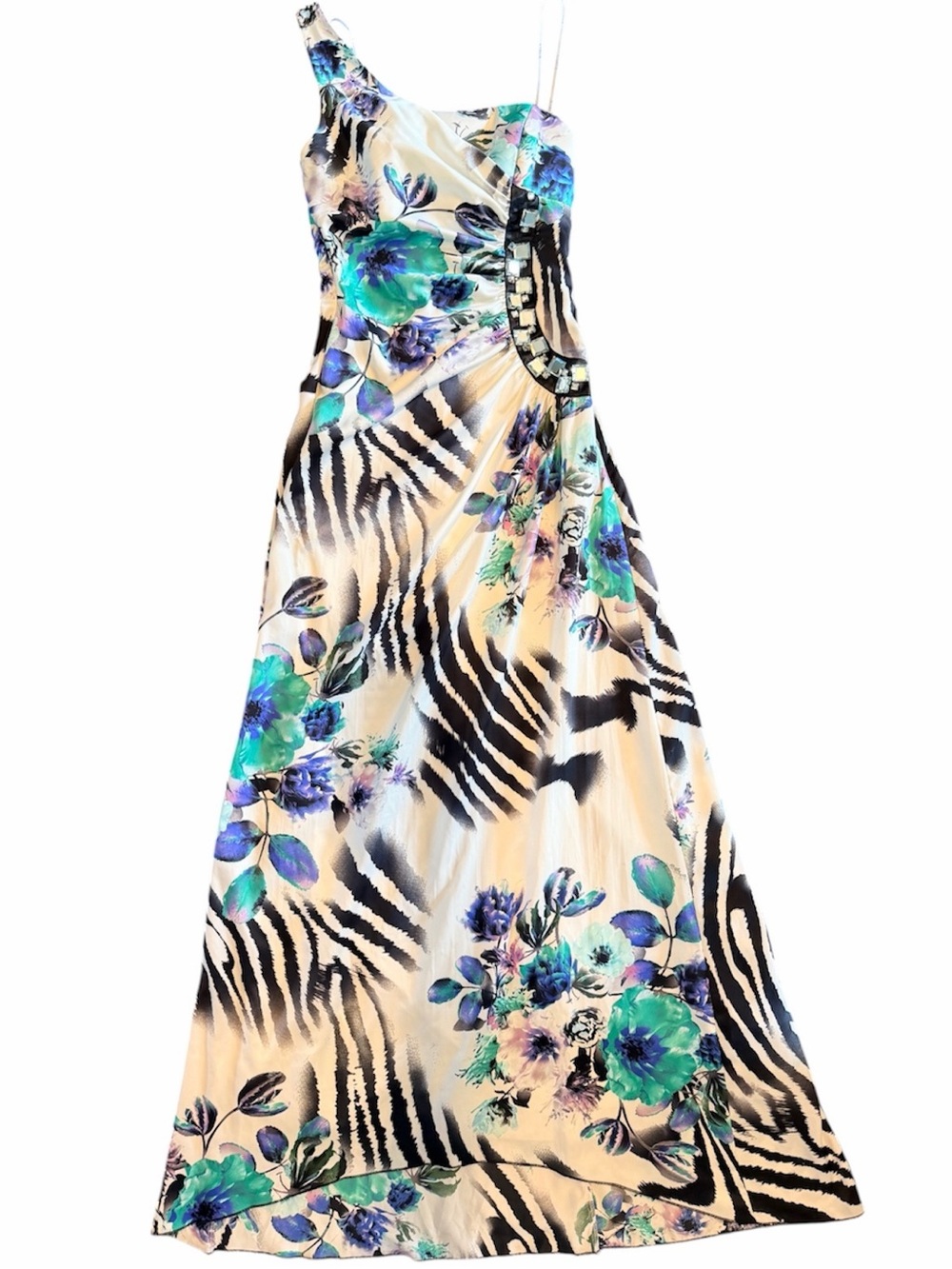 B.Darlin One Shoulder Vibrant Formal Dress in Bold Animal and Floral Print 3/4